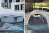Links: Sandstein-Brunnen beim Schulhaus Oelwiese in Thalwil. Rechts: Findlingsbrunnen aus Glarner Sernifit beim Schulhaus…