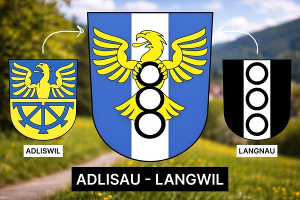 Das könnte das neue Wappen sein, wenn sich Adliswil und Langnau fusionieren: Adler greifft die drei Ringe aus dem Langnauer…